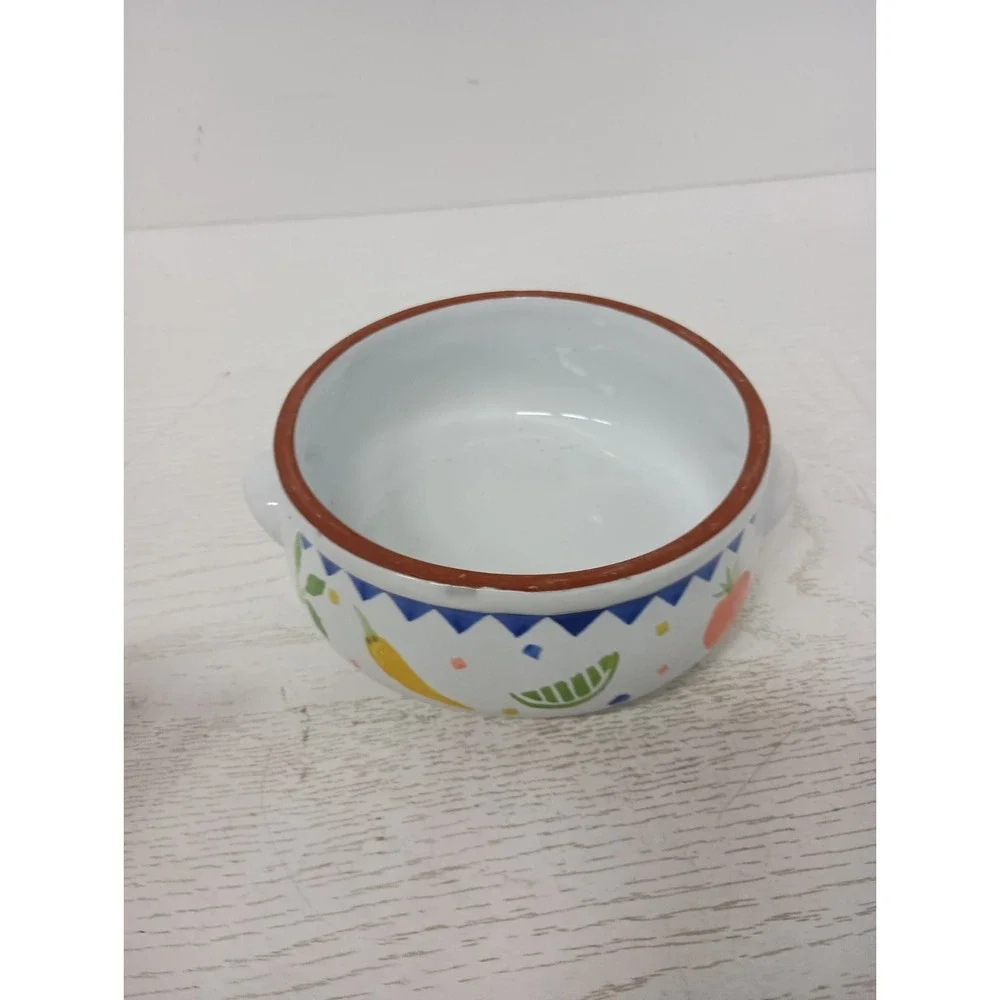Vintage Terracotta Salsa Bowl Southwest Hand Painted Round With Handles